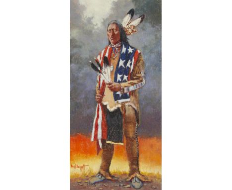 Noel Daggett (American, 1925-2005). Acrylic on board painting depicting a standing portrait of a Native American chief, drape