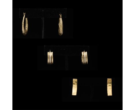 Group of three pairs of 14k yellow gold earrings. Including:One pair of 14k yellow gold curved rectangular earrings on post w