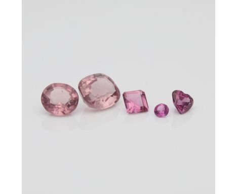 Group of five various cut pink tourmalines; one round, one oval, one cushion, one heart, one step cut; 4.90 ctw.Length ranges