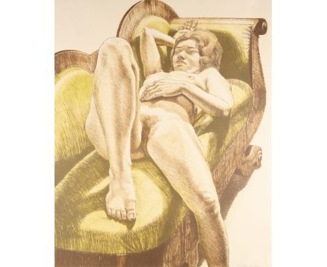 Philip Pearlstein (American, 1924-2022). Lithograph on paper titled "Reclining Nude on Green Couch" depicting a nude woman dr