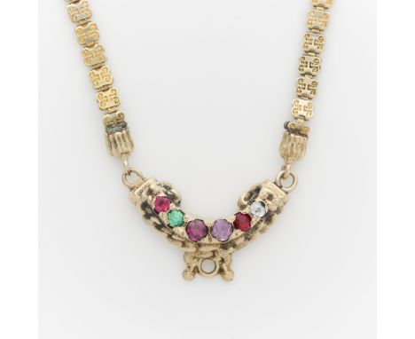 Antique REGARD acrostic necklace. Comprised of paste stones set in a 14k yellow gold curved placard. The first letter of each