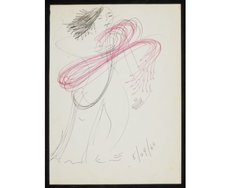 Irene Rice Pereira (American, 1902-1971). Ink drawing depicting a figure surrounded by a swirling red cloth, 1960. Dated 5/29