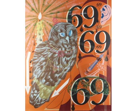 Lari Pittman (Colombian/American, b. 1952). Large lithograph on paper titled "Existential and Needy" depicting an owl, the nu