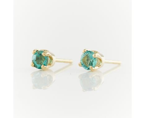 14k yellow wold &amp; emerald stud earrings. Unmarked, tested 14k. Approximately 0.47 carat total weight. Pair of earring bac