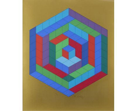 Victor Vasarely (Hungarian/French, 1906-1997). Serigraph on paper titled "Sin-Hat-A" depicting a hexagon comprised of dozens 