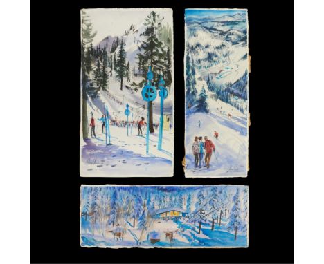 Charles Robert Perrin (American, 1915-1999). Group of three watercolor on paper paintings depicting winter skiing. Two titled