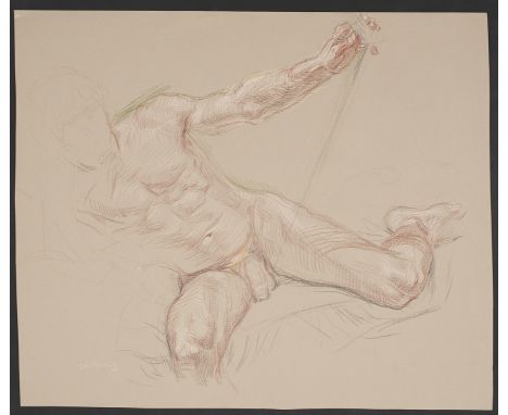 Paul Cadmus (American, 1904-1999). Crayon on paper drawing depicting a study of a nude male form. Signed along the lower left