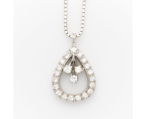14k white gold tear drop form pendant set with 19 round brilliant cut diamonds.In the center of the tear drop, three round br