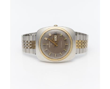 Bulova 23 automatic day-date. Reference number 35312. Stainless steel tv dial watch style. Light brown face with slash hour i