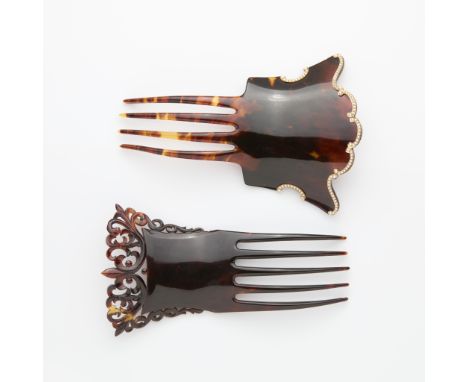 Two faux tortoise shell hair combs, circa 1940. One four tine comb set with scrolling seed pearls. One five tine comb with pi