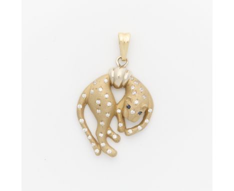 14k yellow gold pent in the form of a panther, suspended from its mid section. The panther in textured gold set with white cu