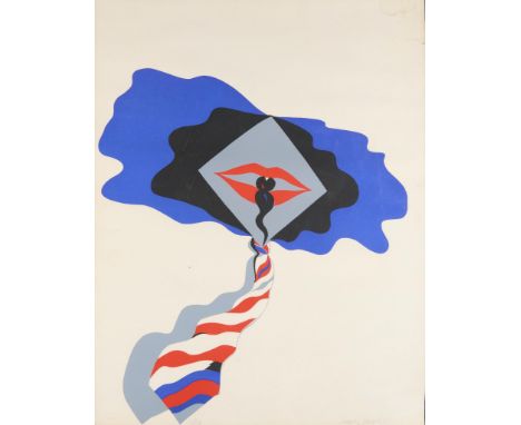 Allen Jones (British, b. 1937). Silkscreen print titled "Self" depicting a kite-like composition with a pair of lips and a st