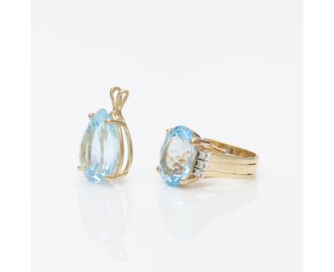 Group of 14k yellow gold &amp; blue topaz jewelry. One 14k yellow gold cocktail ring set with central oval cut blue topaz, ap