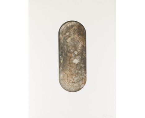 Ron Janowich (American, b. 1948). Monotype on paper print depicting an abstract, brown, ovoid shape, 1991. Pencil signed and 