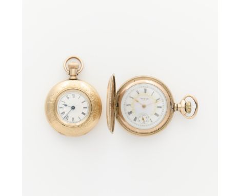 Group of two gold filled pocket watches. Including:One Elgin gold filled demi hunter pocket watch with foliate and floral det