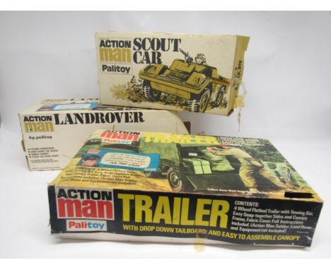Three vintage boxed Palitoy Action Man vehicles to include 34718 Trailer with drop down tailboard and canopy, 34719 Scout Car