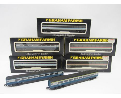 Five boxed Graham Farish N gauge model railway passenger coaches, comprising 0701 Scotrail Mk III (x2), 0767 BR Intercity Mk 