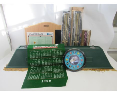 A collection of snooker and pool paraphernalia including scoreboards, ceiling light/canopy, novelty wall clock, Superleague g