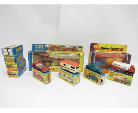 Four boxed Matchbox Superfast diecast vehicles to include 57 Trailer Caravan, 19 Road Dragster, 64 MG 1100 (box poor) and 63 