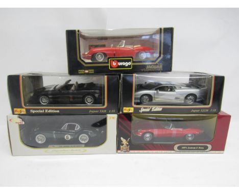 Five boxed 1:18 scale diecast model Jaguar sports cars to include Maisto Special Edition 1998 Jaguar XKR and 1992 Jaguar XJ22