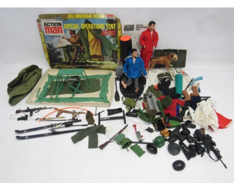 Two vintage Palitoy Action Man figures with brown flock hair, both missing hands, together with assorted Action Man and simil