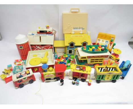 A collection of vintage Fisher Price toys including Play Family Farm, Play Family House, Play Family Camper, Circus Train, Mu