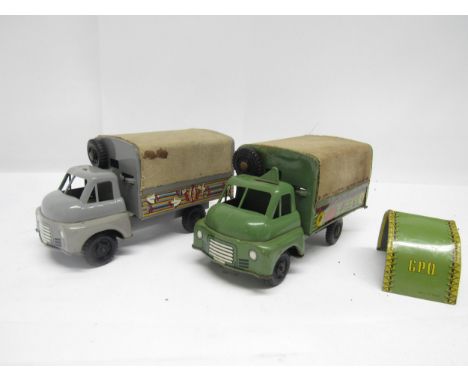 Two playworn Wells Brimtoy tinplate and plastic friction drive trucks to include GPO repairs service truck in military green 