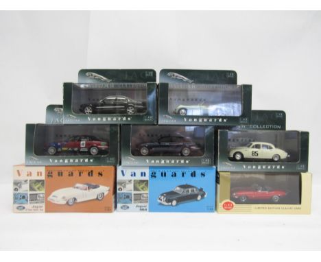 Eight boxed/cased Vanguards 1:43 scale diecast model Jaguar cars to include VA05904 Jaguar XK120, VA08404 Jaguar MkII Tour de