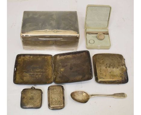 Two George V silver cigarette cases, Birmingham 1911 and 1918, an Edward VII silver tabletop box, London 1905, 14cm wide, two