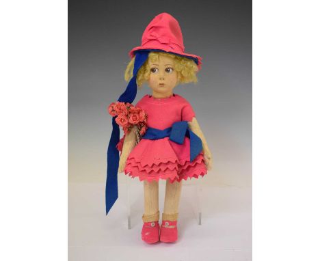 Attributed to Lenci - Circa 1920s Series 149 felt doll, with curly blonde bob and painted brown eyes, three-layer pink dress 