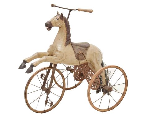 Child’s carved and painted wood, iron and leather horse tricycle ('Velocipede'), in the 19th century manner, the horse with t