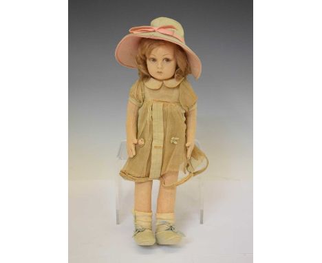 Attributed to Lenci - Circa 1920s felt doll, in sepia tones with joined middle and 'ring' fingers, 35cm (ex. bonnet)