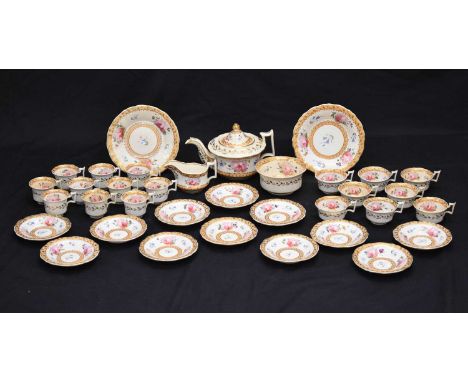 19th century part tea service attributed to Ridgway, gilded and painted with floral decoration, comprising eight tea cups, te
