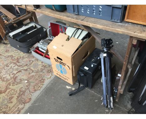 CINE CAMERA, BOLEX SUPER 8 PROJECTOR, SPLICER, ELMO PROJECTOR, TRIPOD, AND OTHER FILM EQUIPMENT