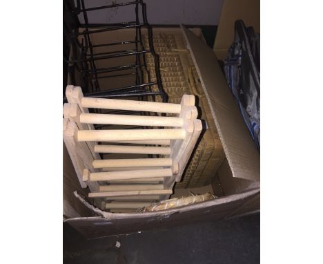 A BOX WITH WICKER HAMPER AND WINE RACK