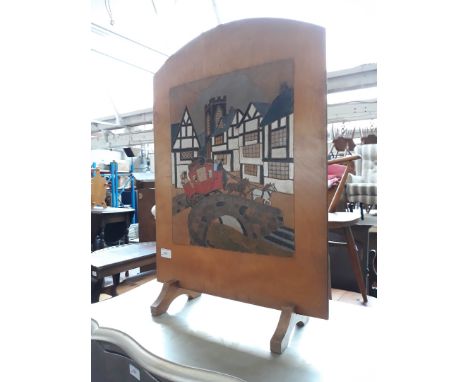 A LIGHT WOOD AND PAINTED FIRESCREEN
