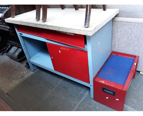 A TOOL BENCH AND RED SLIDE OUT TOOL BOX OF TOOLS