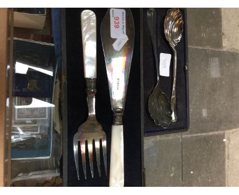 PLATED AND MOTHER OF PEARL HANDLED SERVING SET AND PLATED SPOONS SET