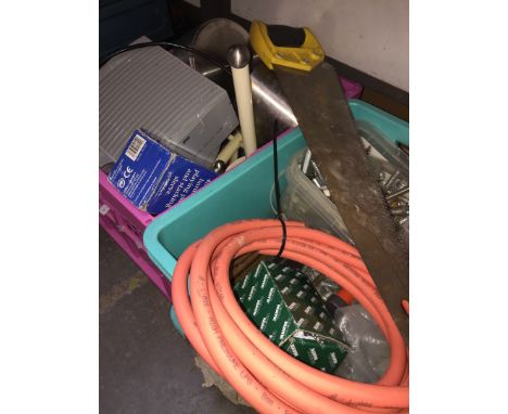 2 BOXES OF ITEMS INC ROOF BOLTS, GAS RUBBER PIPE, SAW, HEATER, ETC