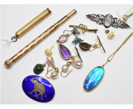 A pair of scarab beetle drop earrings, in sterling silver and blue enamel brooch, a propelling pencil and other items 