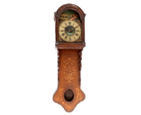 A Dutch wall clock, with alarm, the 26 cm arched square painted dial with Roman numerals, in an oak case, inlaid an urn and w