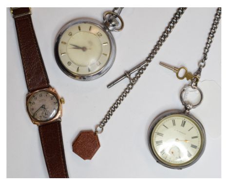 A gentleman's 9ct gold Rotary wristwatch, a silver Albert chain, a silver open face pocket watch and another pocket watch (4)