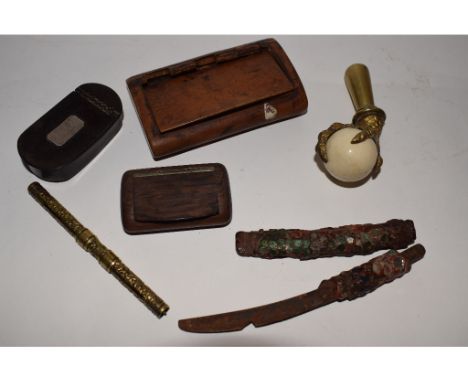A treen snuff box, another similar, a dagger and other items 