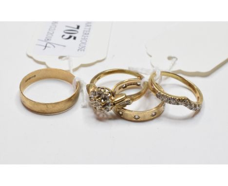A 9ct gold wedding band, approx. ring size T½, approx. 1.9 g, a 9ct gold wedding band, later set stones, approx. ring size M½