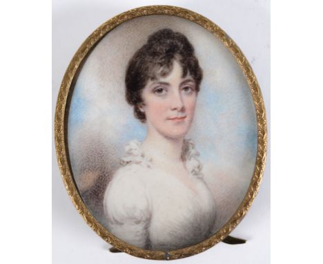 Manner of Richard Cosway, an oval bust portrait miniature of a lady in a white dress, watercolour on ivory, 6.5 x 5.5 cm  See