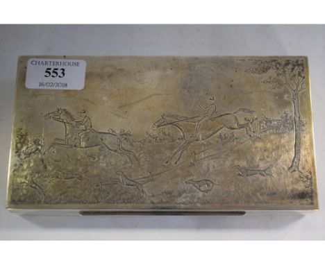 EXTRA LOT: A Sterling silver table cigarette box, decorated an early 19th century hunting scene, 19 cm wide   Condition repor