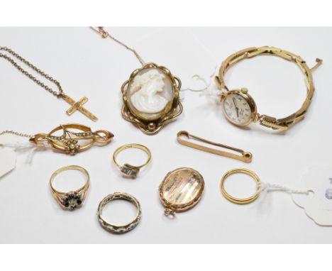 A 22ct gold wedding band, approx. ring size K, approx. 3.1 g, a 9ct gold and seed pearl brooch, an 18ct gold and diamond ring
