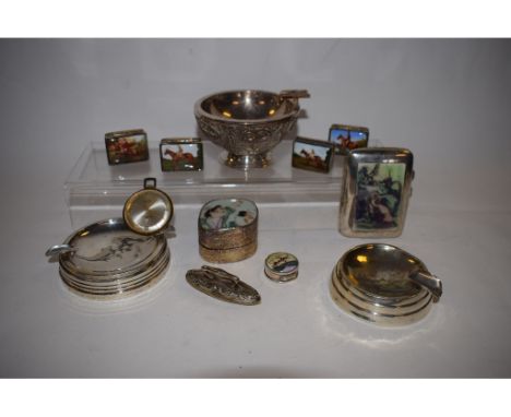 A silver coloured metal filigree work ashtray, and two other ashtrays, three boxes decorated hunting scenes, and other items 