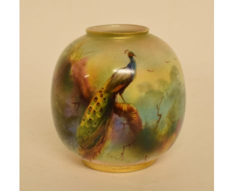 A Royal Worcester porcelain vase, painted a peacock, signed A Watkins, 2491/5054, 7.5 cm high   Condition report  Report by N