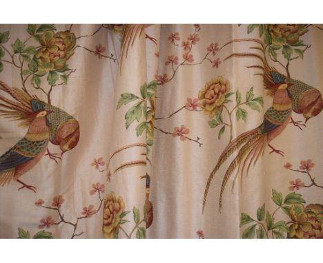A pair of silk curtains, decorated pheasants, flowers and foliage, 284 x 165 cm, a matching pair, each approx. 261 x 170 cm, 